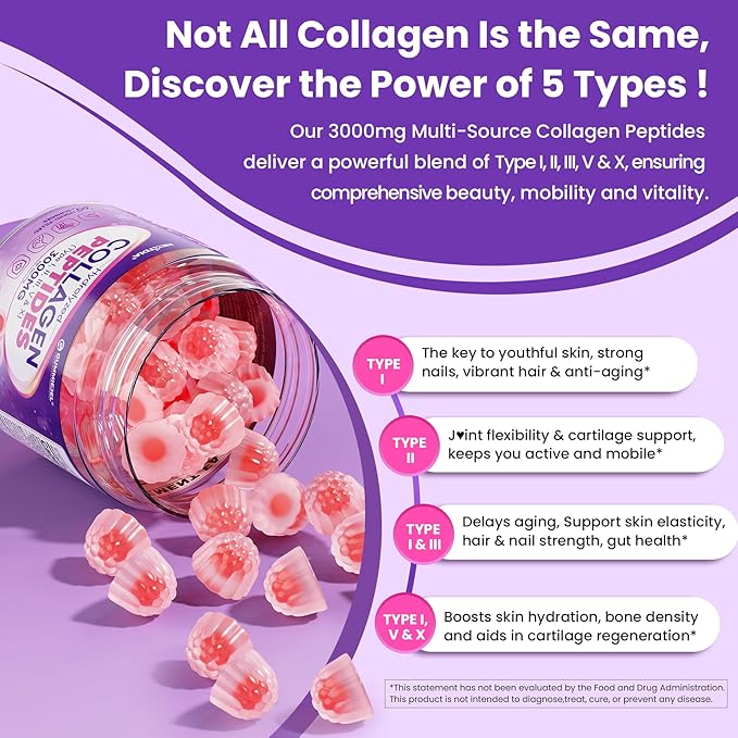 Collagen Gummies for Women & Men 3000mg, Hydrolyzed Collagen Peptides with Antioxidant Blend & Digestive Enzymes, Multi Collagen (Type I,II,III,V,X) for Anti-Aging, Hair, Skin, Nails, Sugar Free,60Cts