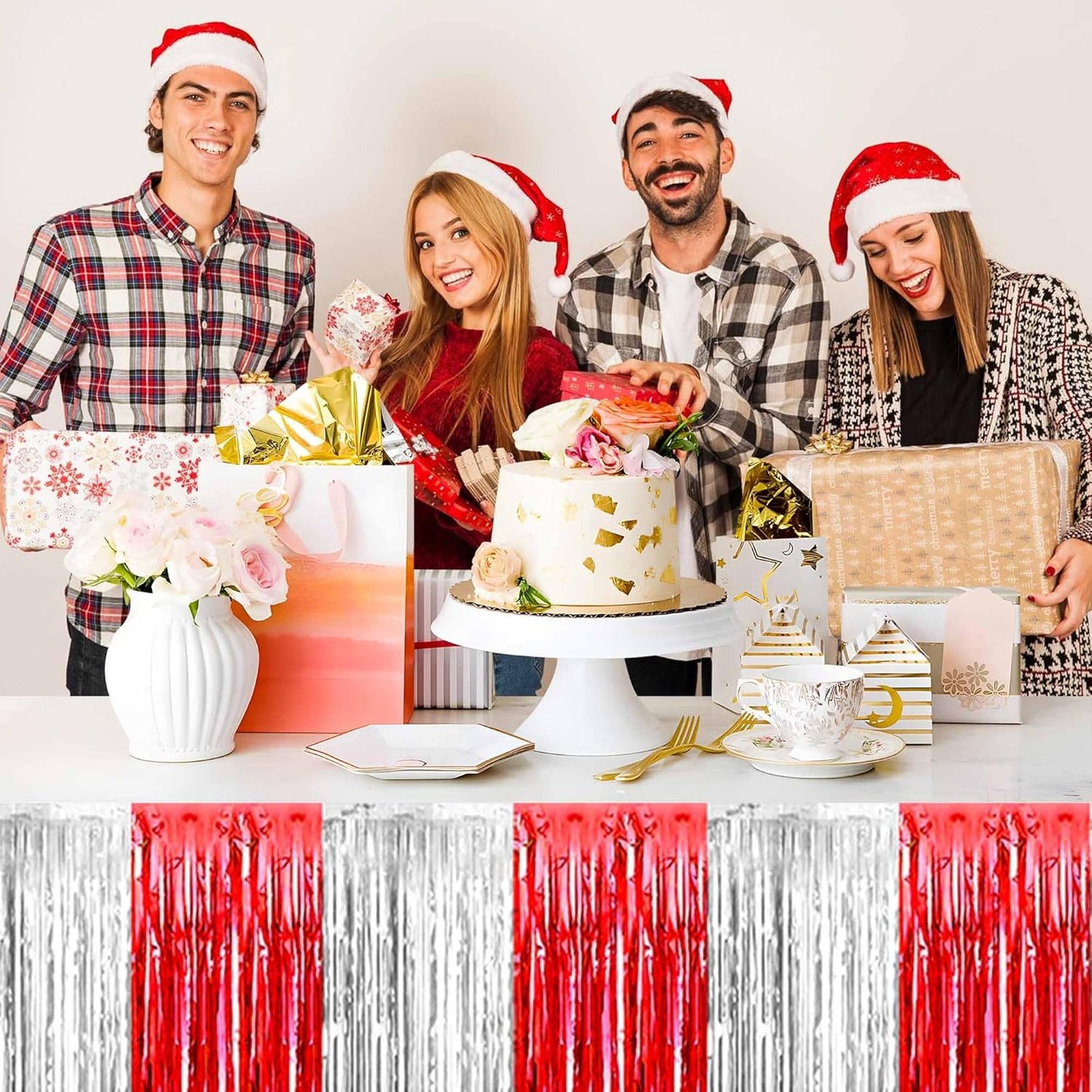 3 Pack 29 x108 Inch Red and Silver Foil Fringe Table Skirts Metallic Banner for Tinsel Streamer Garland Backdrop for Parade Floats Mother's Day, Graduate, Birthday, Wedding Party Decoration