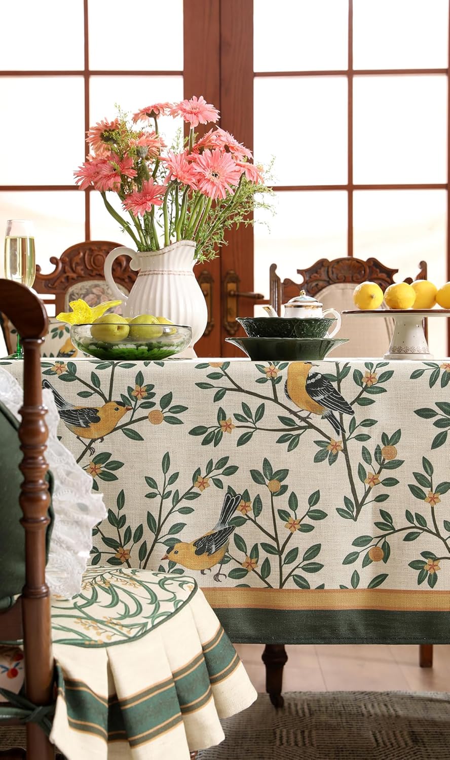 patdrea Designer French Table Cloth for Rectangle Table,Vintage Green Linen Birds and Leaves Pattern Tablecloths,Dacorative Cover Kitchen Dining,Christmas,Thanksgiving,Tea Party,63"x87"-Warbler