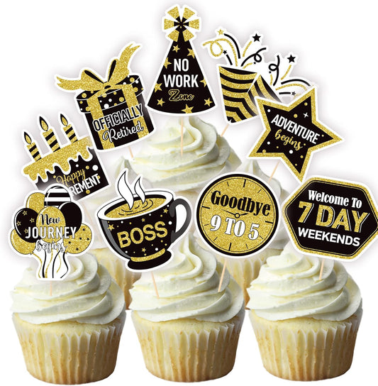 36 Pcs Happy Retirement Cupcake Toppers - NO DIY - Retired Cupcake Picks Retirement Theme Party Cake Decorations Gold Glitter