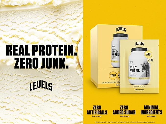 Levels Grass Fed Whey Protein Powder, No Artificials, 24G of Protein, Vanilla Bean, 12 Count