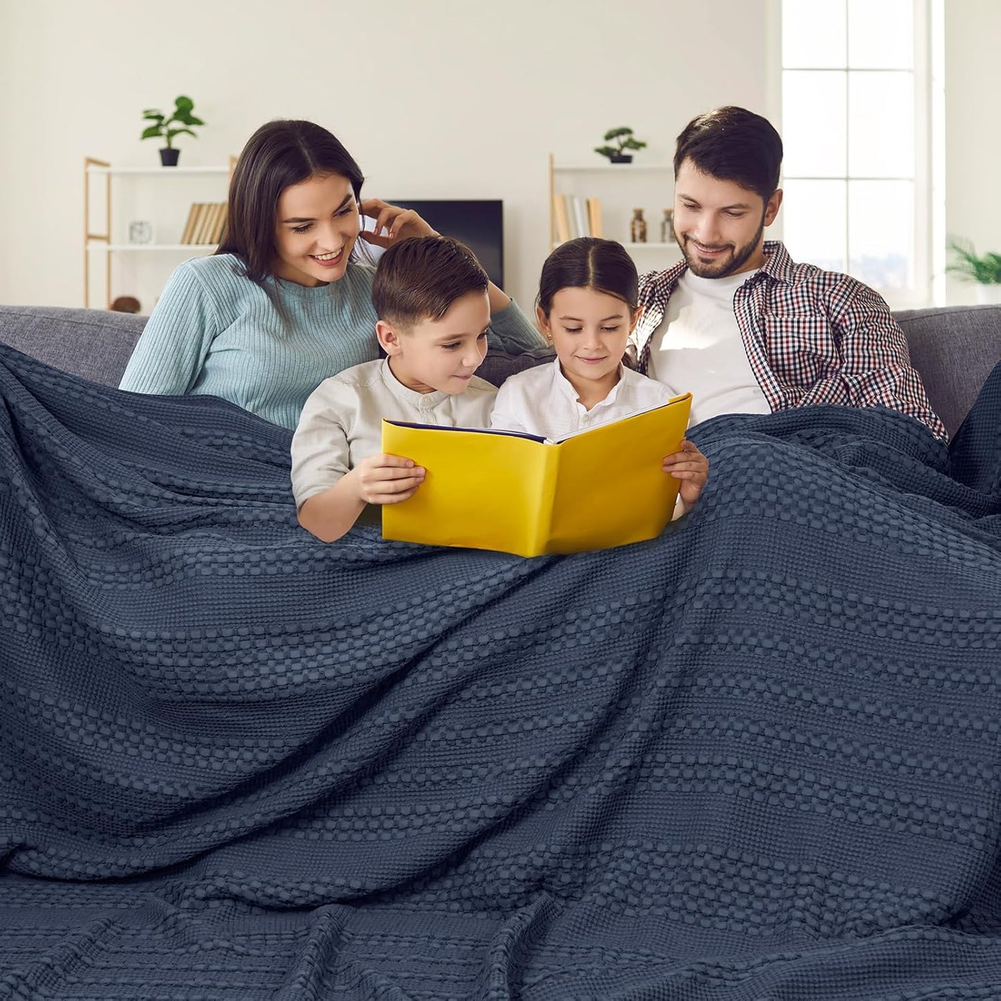 PHF 100% Cotton Waffle Blanket Oversized King 120"x120", Lightweight Breathable Extra Large 10'x10' Blankets for Bed, Giant Big Luxury Aesthetic Woven Bedding for Home Decor, Dark Navy