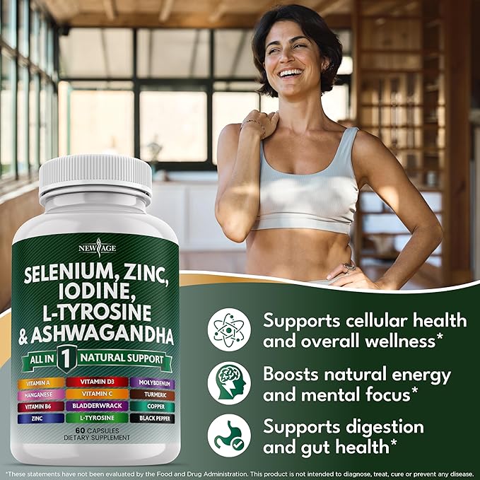 NEW AGE Selenium, Zinc, Iodine, L Tyrosine, Ashwagandha - Supplement for Women and Men with Bladderwrack, Turmeric, Silica Kelp, Schisandra - 120 Count