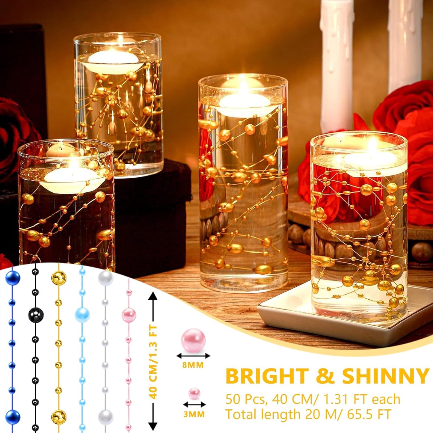 50 PCS Artificial Floating Beads for Centerpieces Vases, Black&White 8+3mm String Beads for Wedding Party Faux Pearl String for Decorating, String Pearls for Crafts Vase Filler