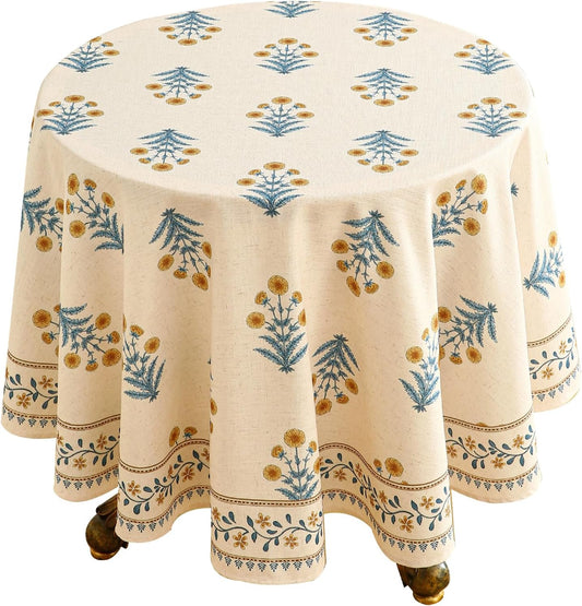 ISAENNE Designer French Pale Yellow Round Tablecloth,Linen Floral Table Cloth,Wrinkle Resistant Decor Tablecloths for Dining Thanksgiving Banquet Kitchen Party,Diameter 67"-Estevan A