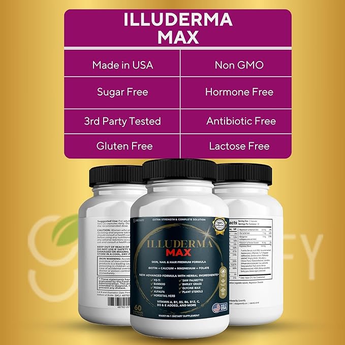 Illuderma Max Hair, Skin and Nail Supplement, 60 Capsules, with Biotin 5000mcg, Vitamins and Herbal Blend (1)