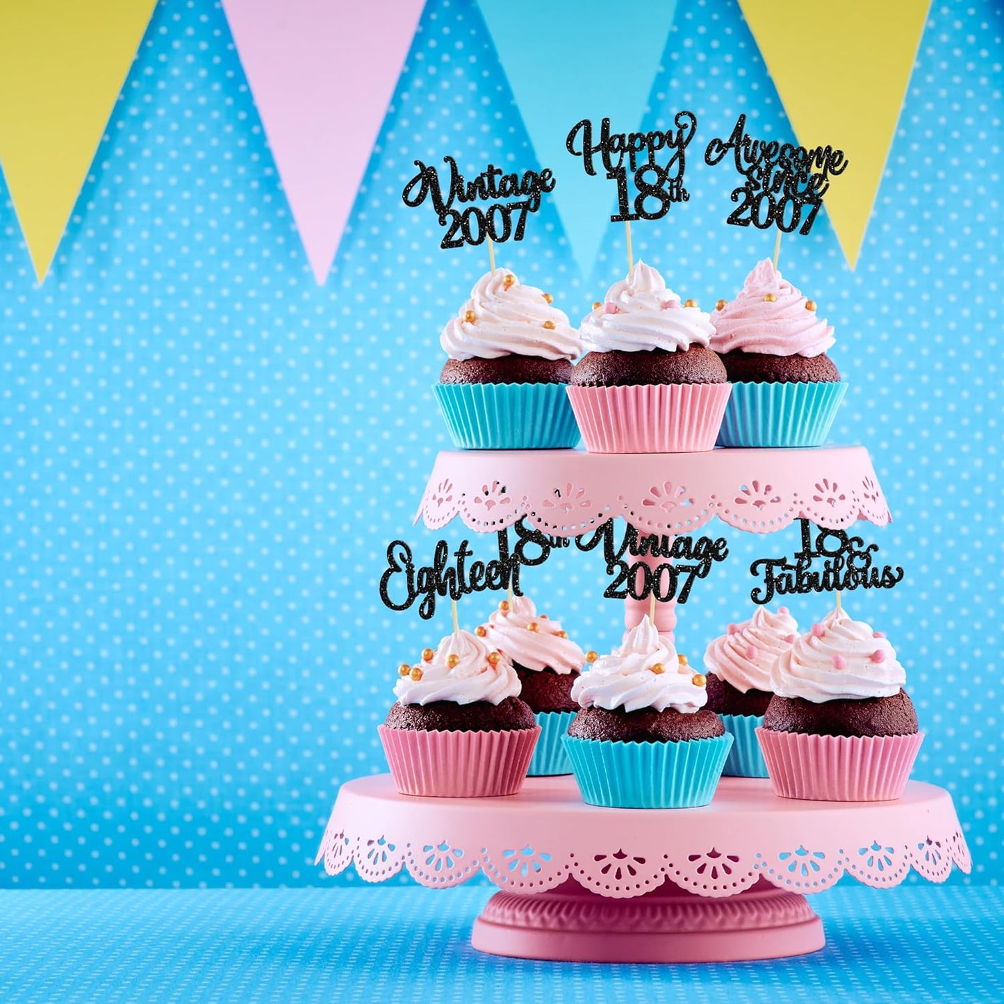 30Pcs Happy 18th Birthday Cupcake Toppers Glitter Eighteen Vintage 2007 Cupcake Picks Cheers to 18 Fabulous Cake Decorations for 18th Birthday Wedding Anniversary Party Supplies Black