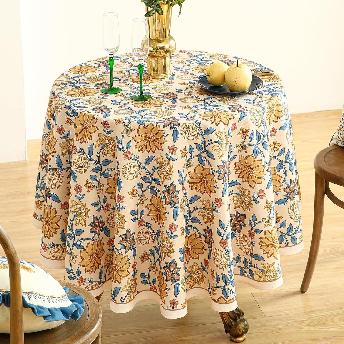 ISAENNE Designer Bohemian Floral Round Tablecloth,Linen Colorful Table Cloth,Wrinkle Resistant Decor Tablecloths for Dining Thanksgiving Kitchen Party Christmas,Diameter 67"-Estevan B