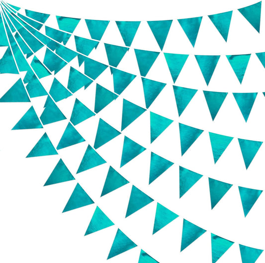 Teal Aqua Blue Triangle Pennant Banner Dark Metallic Fabric Flag Bunting Garland for Birthday Baby Shower Bridal Shower Graduation Wedding Holiday Retirement Mermaid Party Decorations Supplies