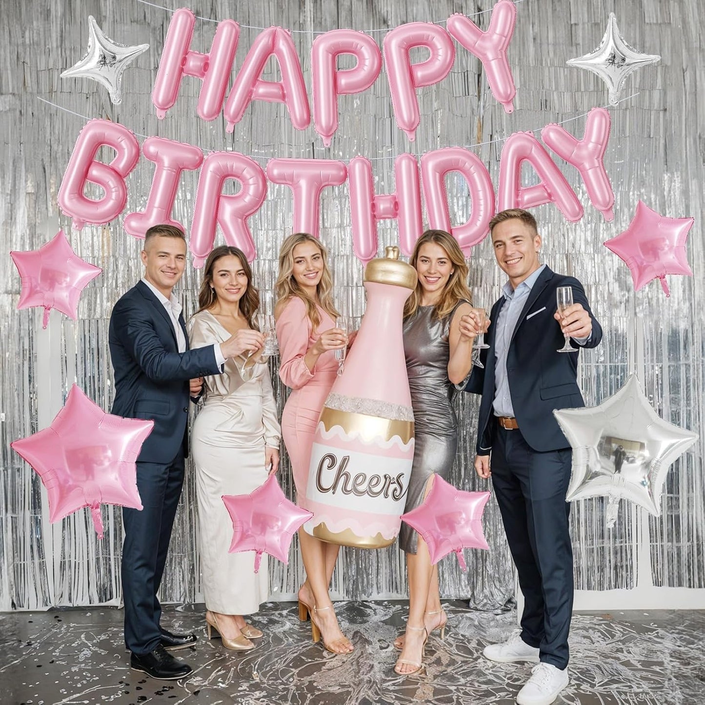 Happy Birthday Balloon Banner, 16 Inch Light Pink Mylar Foil Letter Balloons, Reusable Birthday Decorations with Pastel Pink and Silver Star Balloon, Inflatable Party Supplies for Women Girls Decor