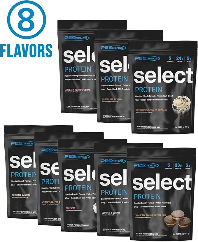 PEScience Select Protein Powder Variety Pack, 40 Serving Protein Powder Sample Pack, 8 Flavors, Whey and Casein Blend, Keto Friendly and Gluten Free