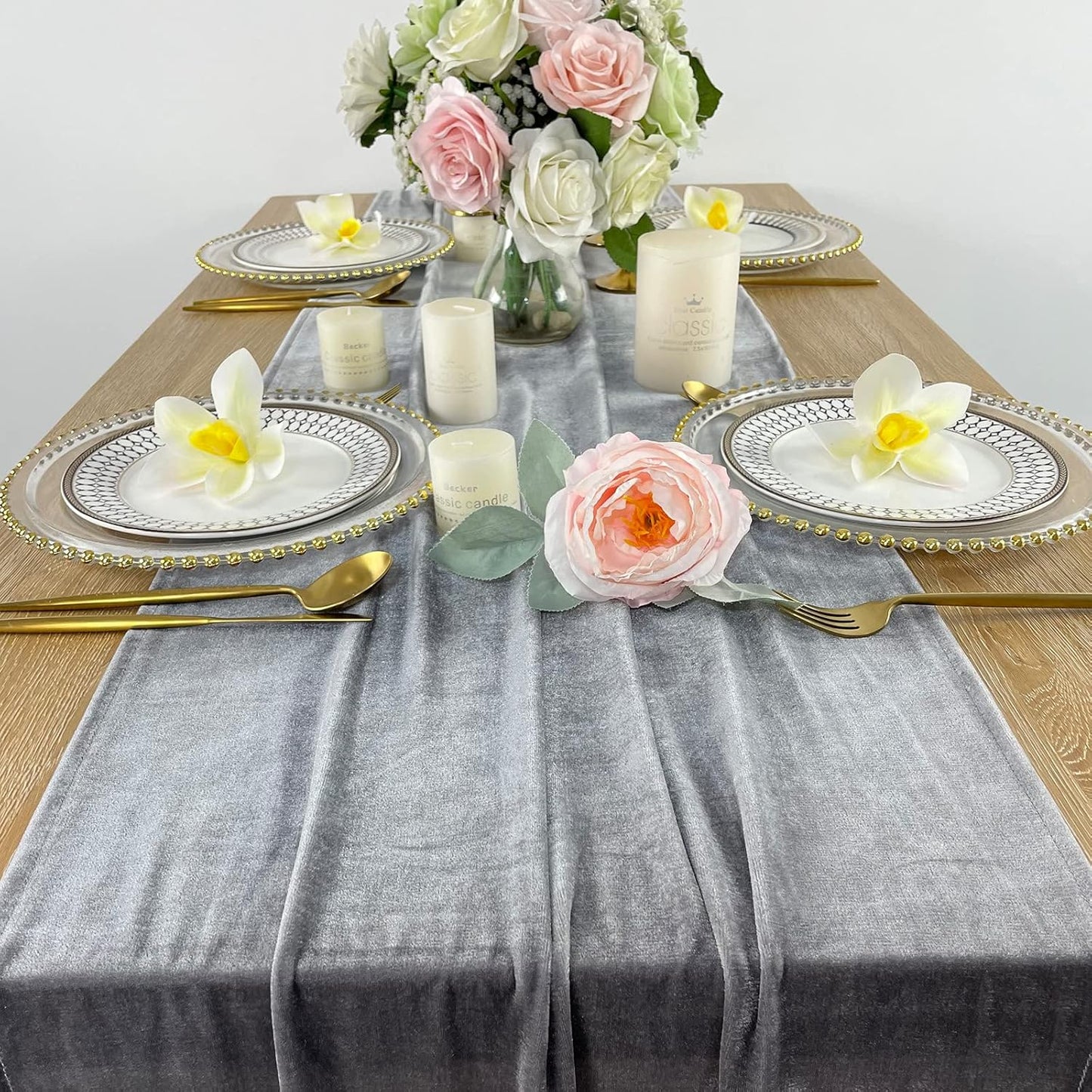 Luxurious Velvet Table Runner, 10ft Wedding Reception Decorations, 20x120inch Soft Velvet Fabric, Table Linen Overlay, Wedding Table Runners (Gray, 20X120inch)