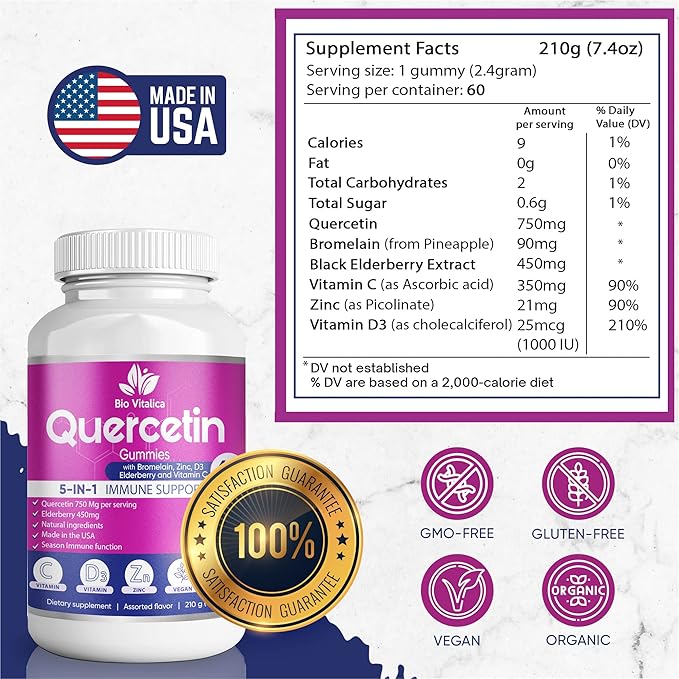 Quercetin Gummies by BioVitalica - Quercetin with Bromelain Vitamin C and Zinc & Elderberry + Vitamin D3-5 in 1 Immune Support - Zinc Quercetin 750 mg for Kids and Adult (6, Quercetin)