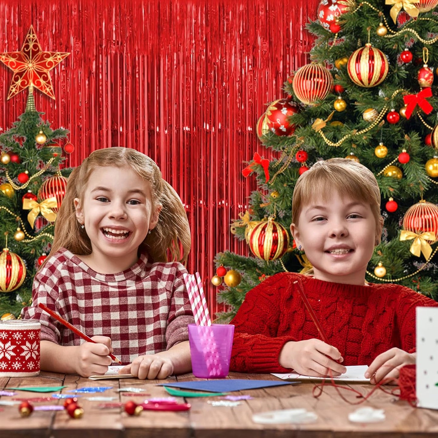 5 Pack Red Fringe Backdrop Curtains 3.2ft x 8.2ft Tinsel Foil Fringe Curtains Tinsel Backdrop Streamers for Birthday Party Decoration Christmas New Year Party Decorations (Red)