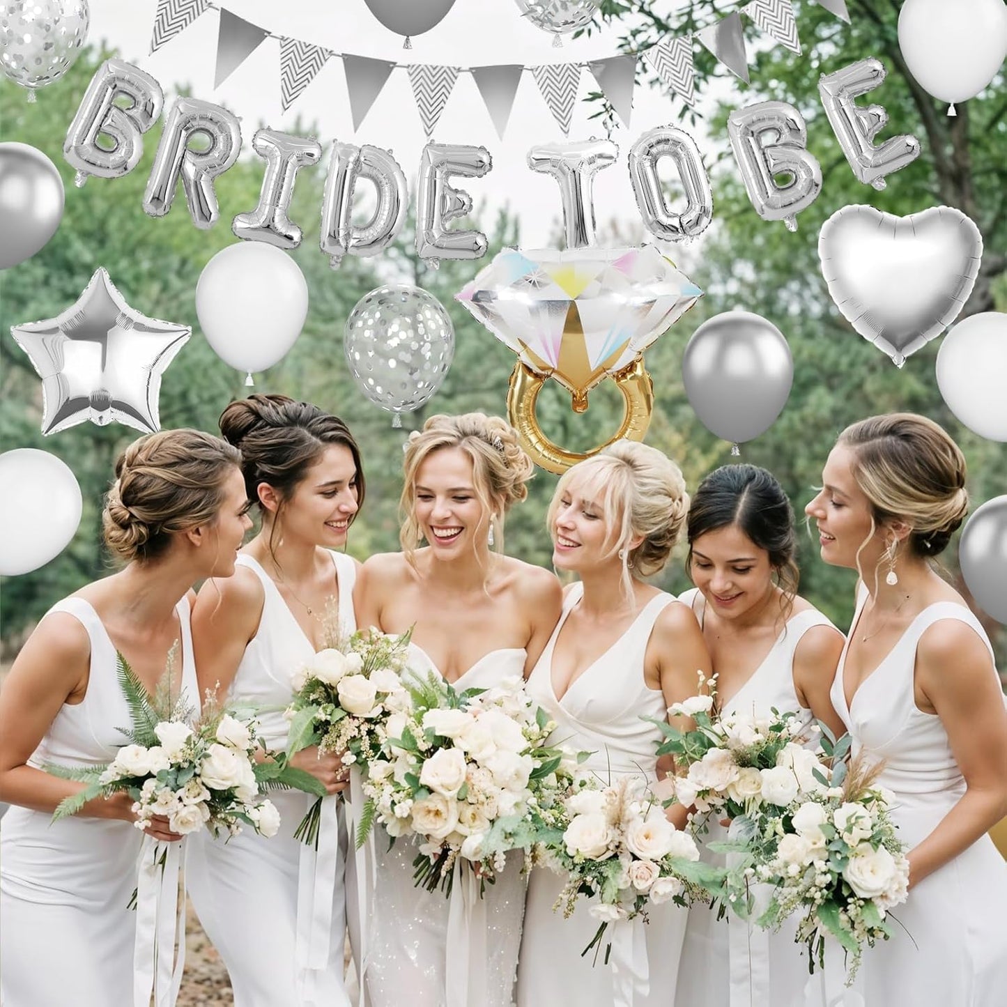 Silver Bachelorette Party Decorations, Silver Bride To Be Bridal Shower Balloons Decorations, Metallic White Balloon with Diamond Ring Star Heart Balloon for Bachelorette Engagement Wedding