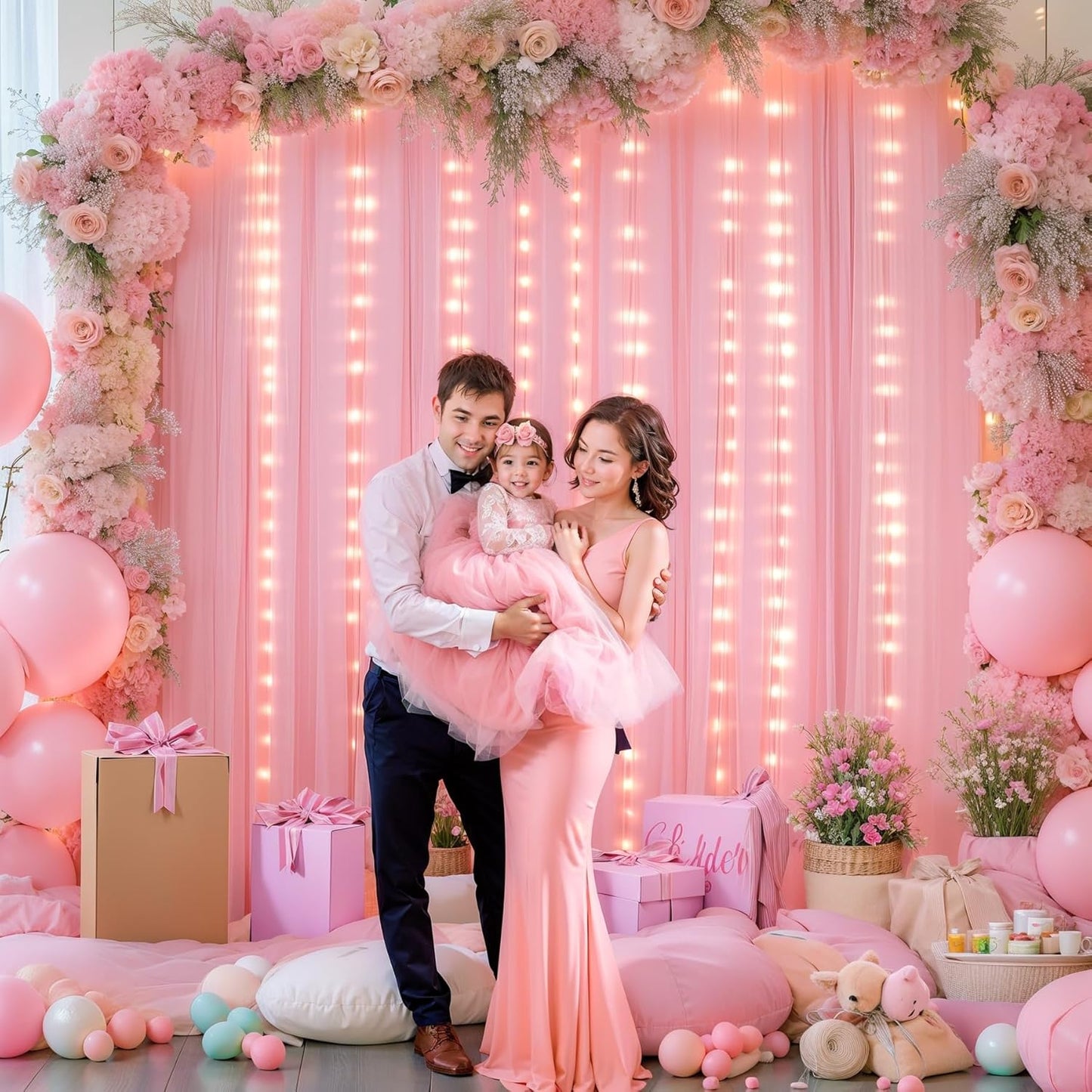 Sheer Backdrop Curtains with Lights String for Weddings Baby Showers, 20x10ft Sheer Tulle Photo Backdrop Curtains for Birthday Party Photography Background Decoration, Pink