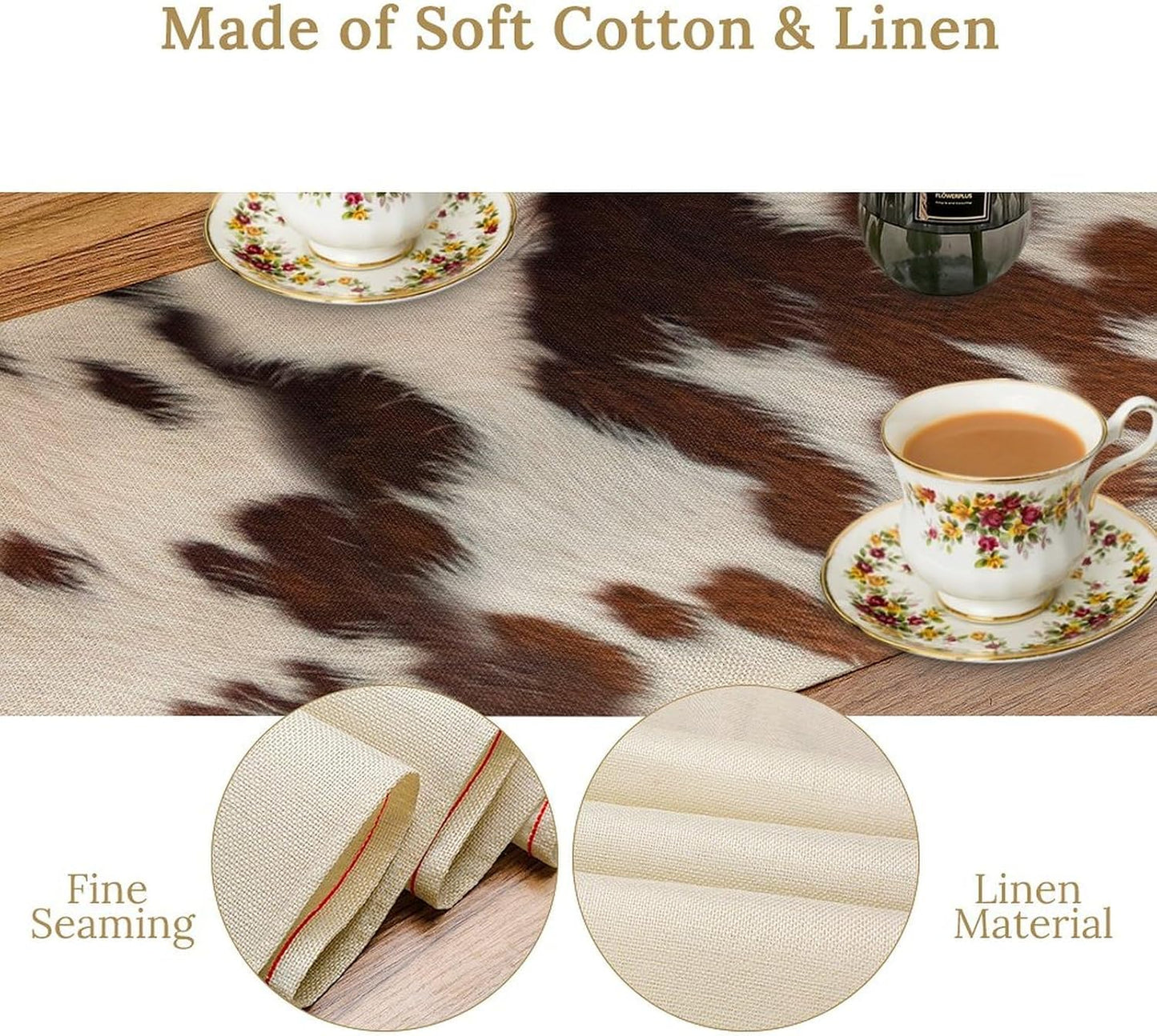Farmhouse Cow Skin Print Table Runner, Safari Wildlife Brown Country Farm Cowhide Pattern Cotton Linen Rustic Cottage Table Runner for Dinning Home Party Holidays Home Setting, 13x120 Inch