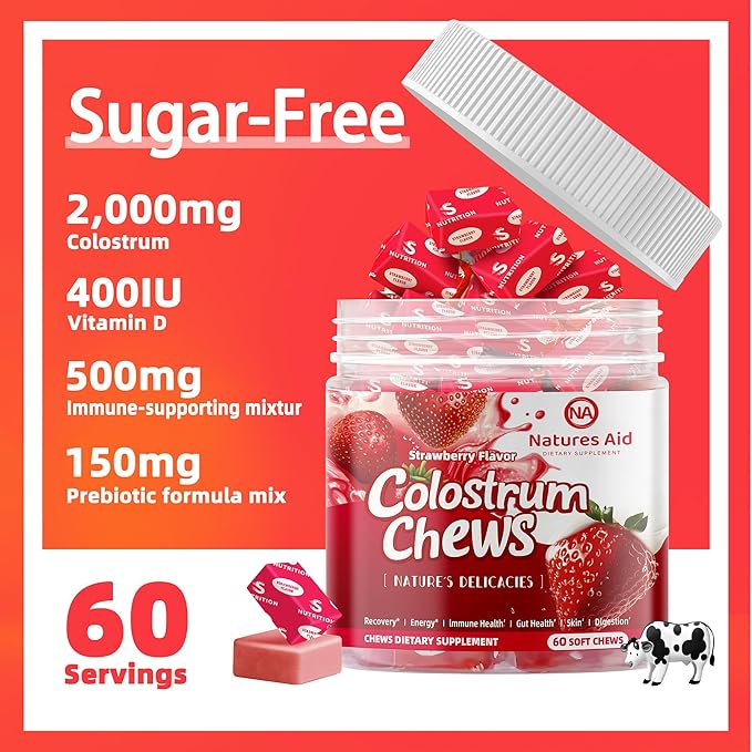 Colostrum Chews Supplement with probiotics for Gut Health, Bloating, Immune Support, Skin, Hair Growth and Beauty - Strawberry Flavor (60 Servings)