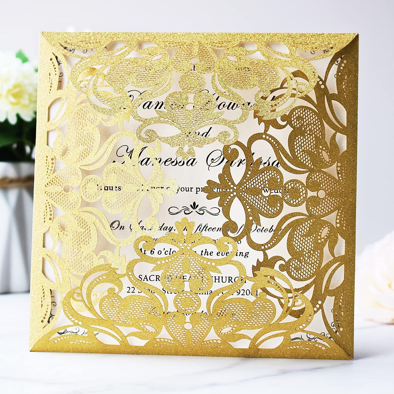 Hosmsua 6.3 x 6.3 Inch 50PCS Gold Glitter Laser Cut Wedding invitation Cards with Envelopes Hollow Lace Rose Invitation for Engagement Wedding Bridal Shower Invite (Gold Glitter)