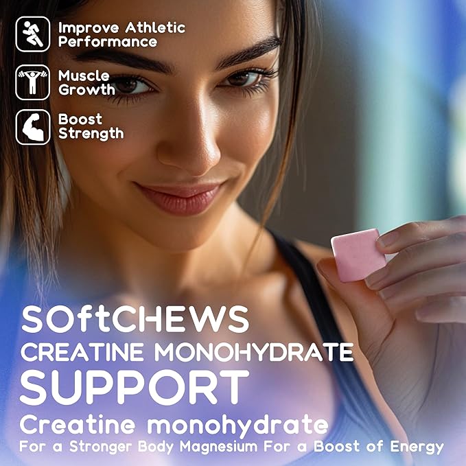 Creatine Monohydrate Chews Complex 6400mg for Men & Women -Advanced Formula W/L-Taurine + Vitamin B12, Sugar Free Chewable Supplement,60 Blueberry Softchews