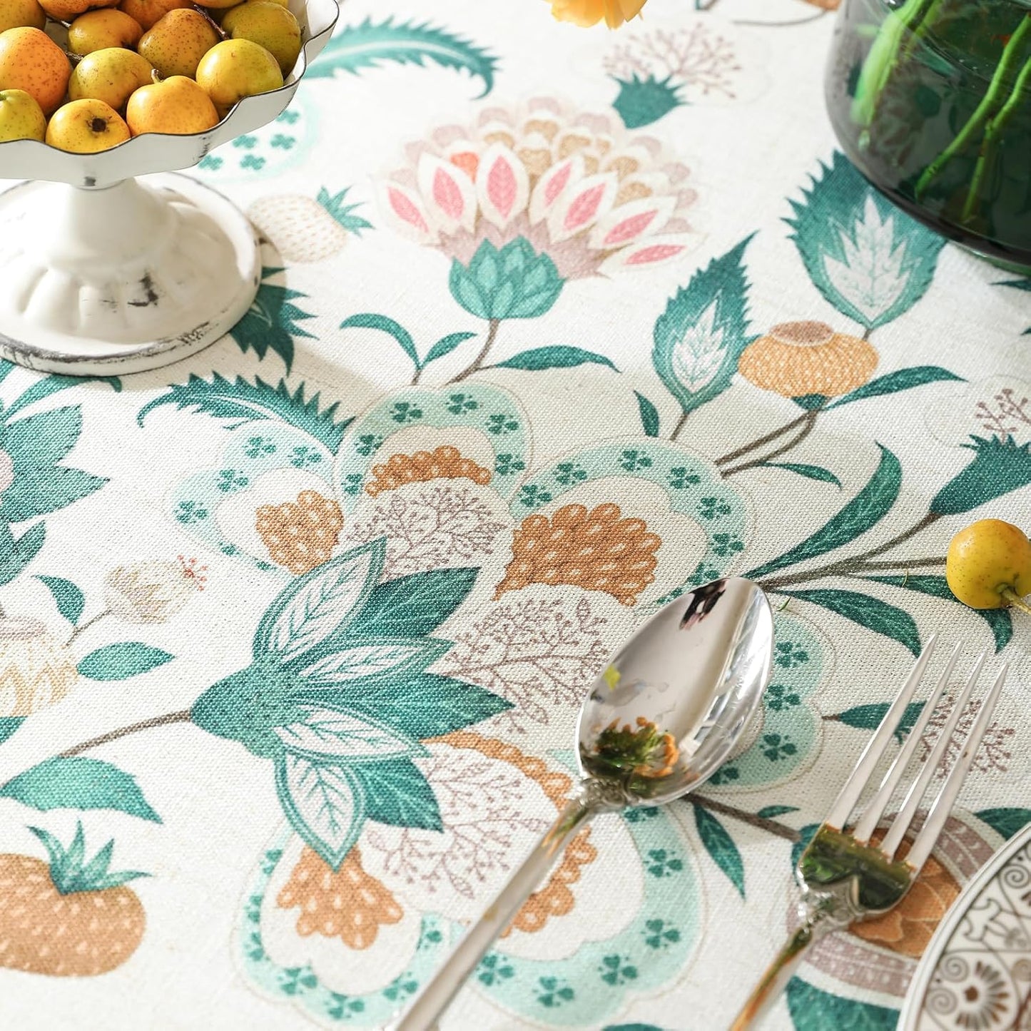 patdrea Designer French Green Table Cloth for Rectangle Table,Vintage Italian Floral Country Linen Extra Long Tablecloth,Decor Cover for Kitchen Dining,Christmas,Thanksgiving,67"x118"-Tree Life