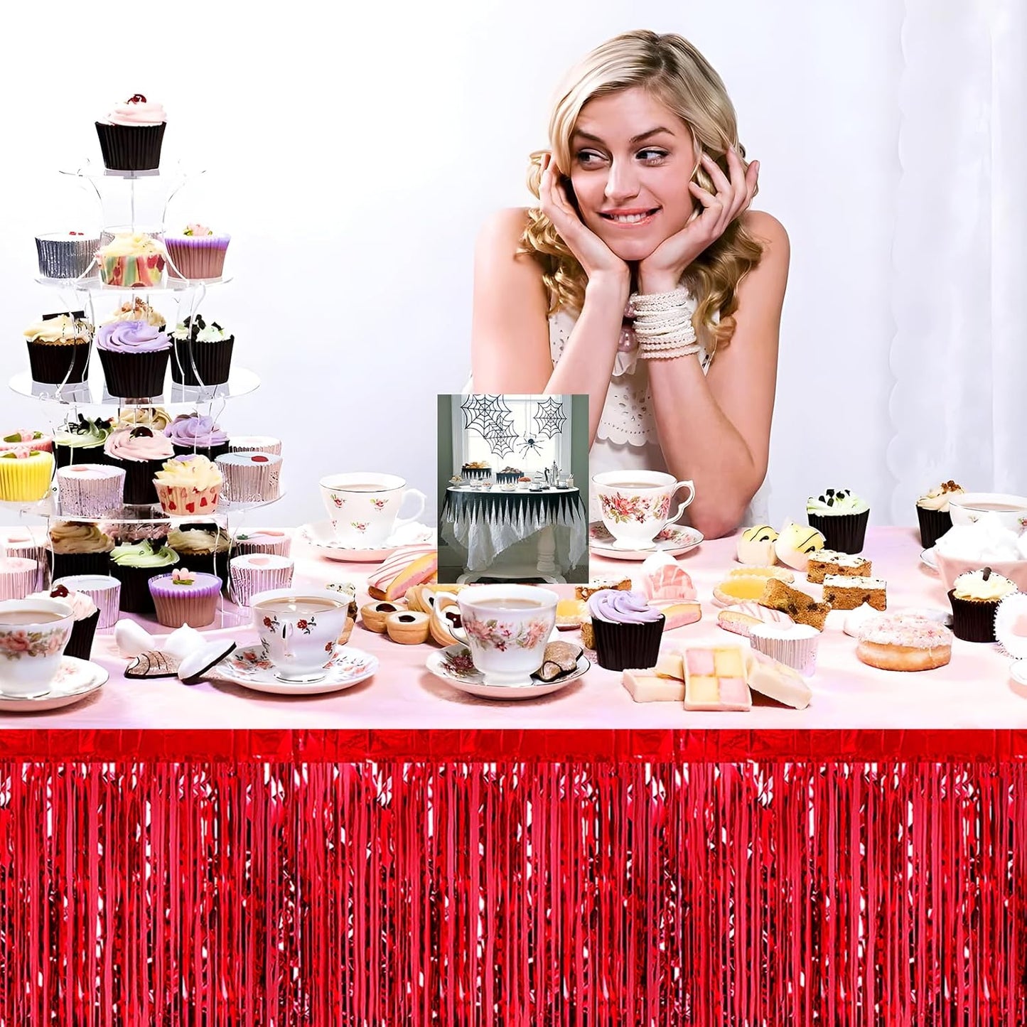 3 Pack 29x108 Inch Red Foil Fringe Table Skirts Metallic Banner for Tinsel Streamer Garland Backdrop for Parade Floats Wedding Thanksgiving Birthday Christmas Halloween Party Decoration