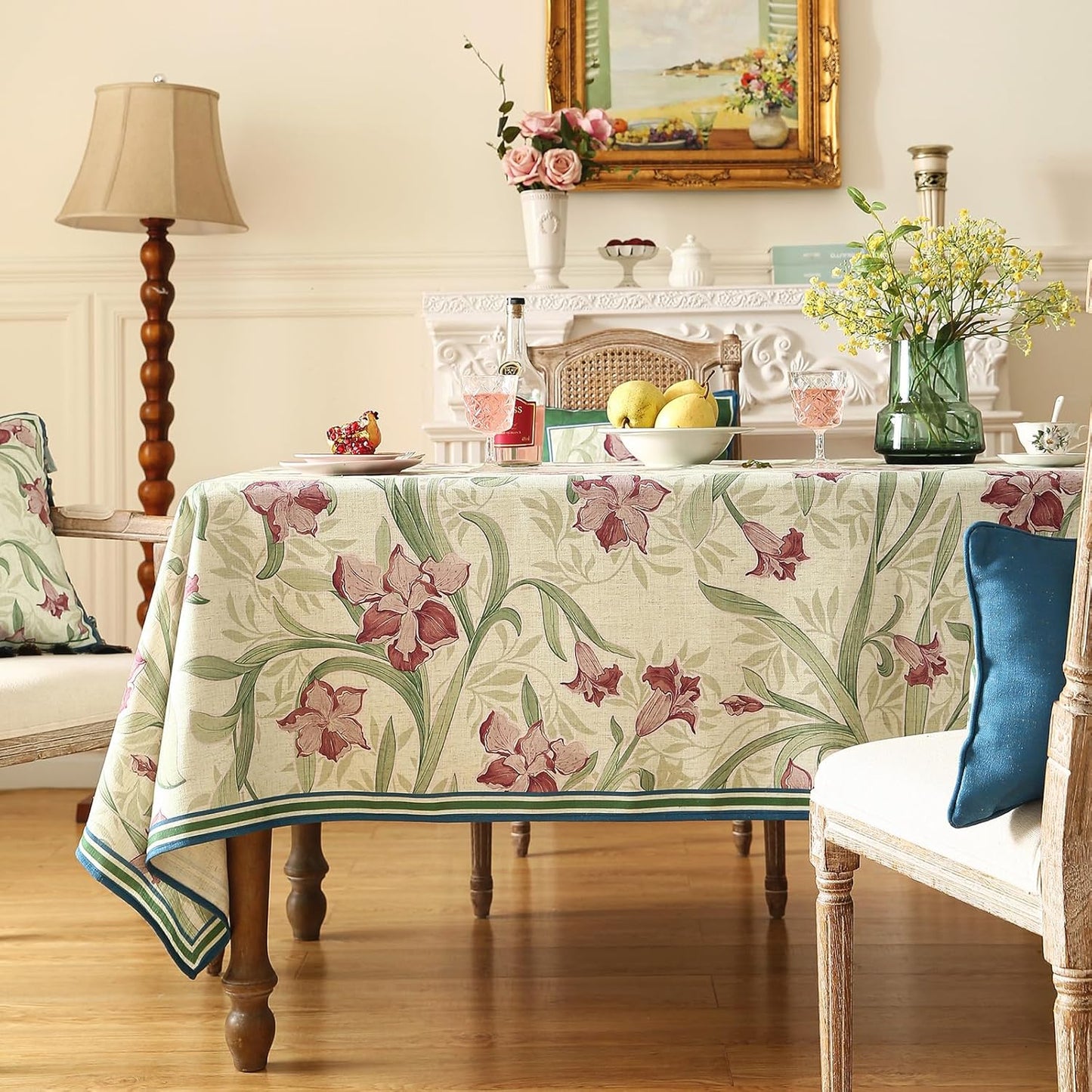 patdrea Designer Green Long Rectangle Tablecloth,Framhouse Vintage French Violets Pattern Elegant Tablecloths,Table Cover Decor for Kitchen Dining Christmas,Party,Thanksgiving,63"x102"-Tara a