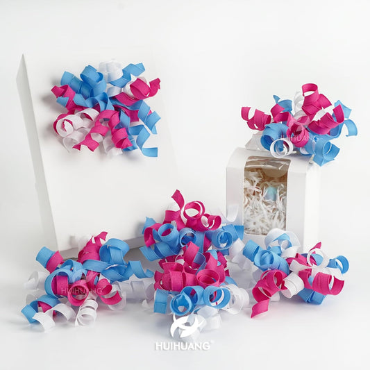 HUIHUANG Baby Shower Bows for Gift Wrapping, Blue/Pink/White Curly Ribbon Bows Self Adhesive Burst Gift Bow for Gender Reveal Party, Baby Shower Favors, Wine Bottle, Treat Bags - 6 Counts