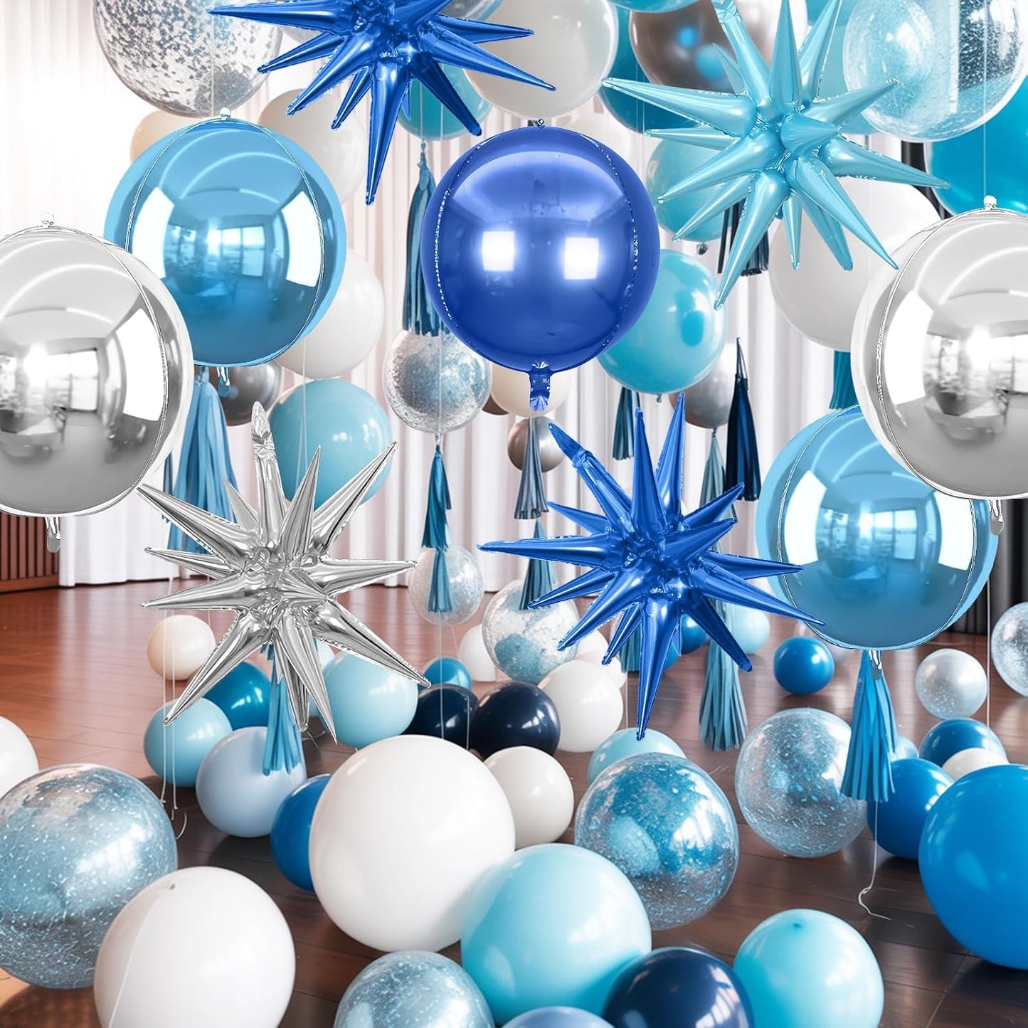 6Pcs Blue Silver Foil Balloons,22Inch Light Blue Silver 4D Round Ball Balloon and Explosion Star Balloon for Birthday Wedding Baby Shower Prom Party Anniversary Decorations