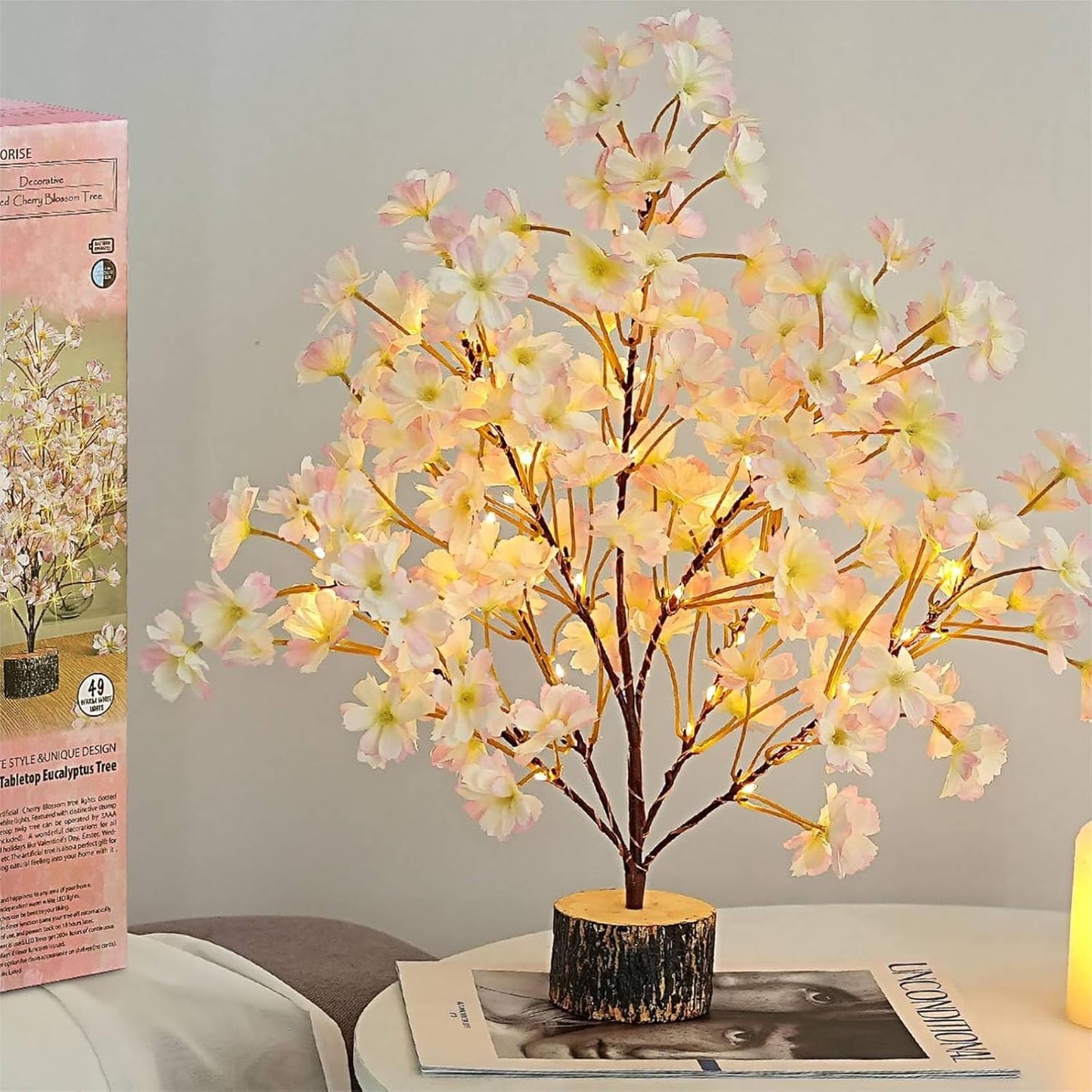 19Inch Cherry Blossom Tree Light, Lighted Artificial Tree with Pink Silk Flowers, 49 Fairy LEDs, Battery Operated Lamp with Timer for Summer Wedding Decorations