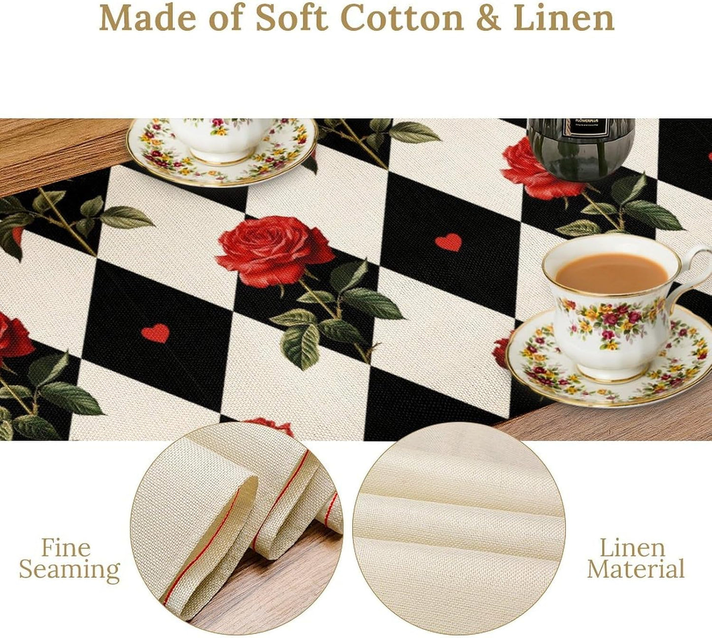 Vintage Rose Table Runner, Red Rose Hearts Black White Checkered Background Table Runner for Kitchen Dinning Table Runner Decor Home Wedding Party Holiday, 13x60 Inch