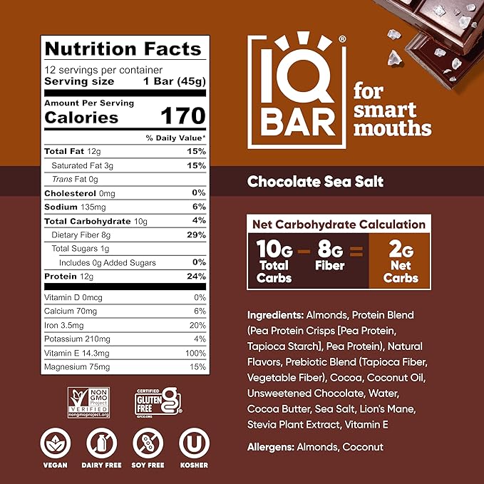 IQBAR Brain and Body Plant Protein Bars - Chocolate Sea Salt - 12-Count Low Carb - Gluten Free, High Fiber, Vegan Snacks - Low Sugar Meal Replacement