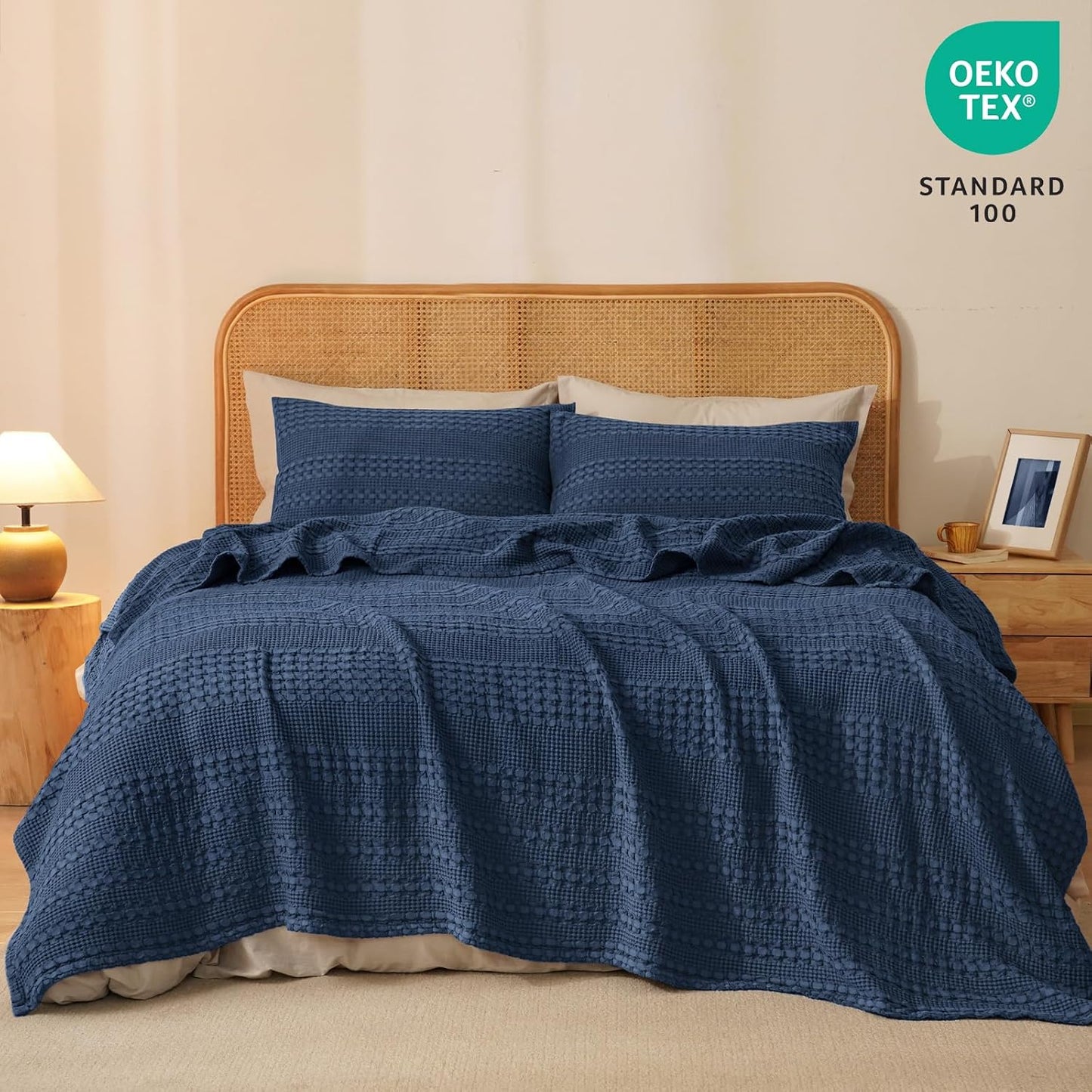 PHF 100% Cotton Waffle Weave Blanket Twin Size for Bed, Soft Lightweight & Breathable, All-Season Comfort, Luxury Aesthetic Woven Bedding for Home Decor, 66"x90", Bright Navy Blue