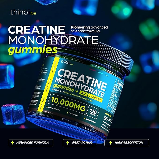 Creatine Gummies Monohydrate Complex 10,000mg for Men & Women -120 Gummies Advanced Formula W/L-Taurine + Vitamin B12 for Muscle Strength, Muscle Builder, Energy Boost, Pre-Workout Supplement -Thinbi