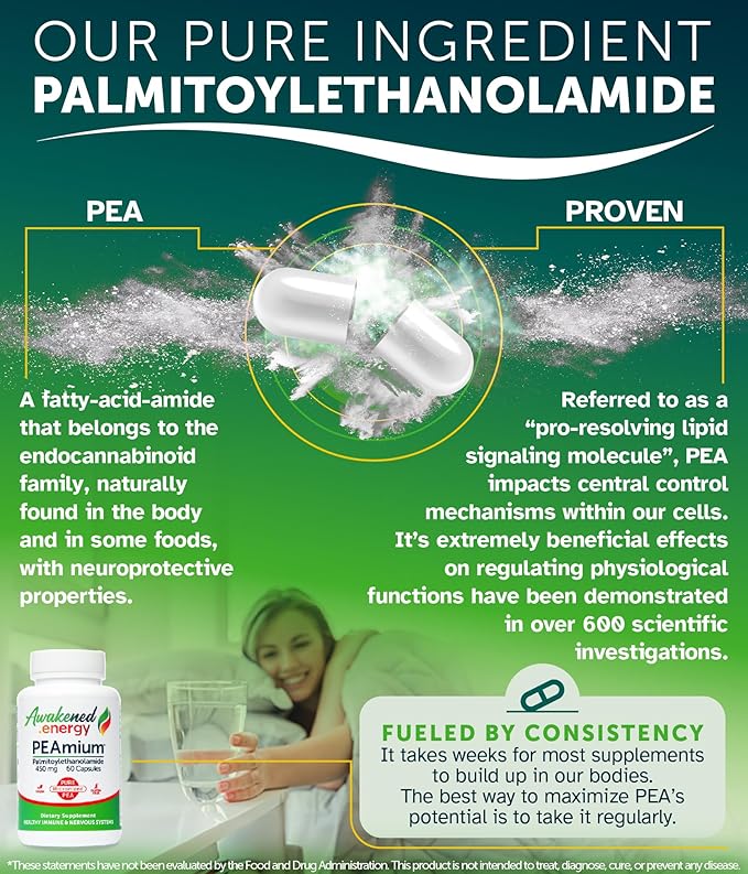 Palmitoylethanolamide 450mg Comfort Mobility Nerves Cognitive & Immune Support - Micronized High Absorption - All Natural Pea - USA Made - No Additives or Excipients – 60 Vegan Capsules Supplement