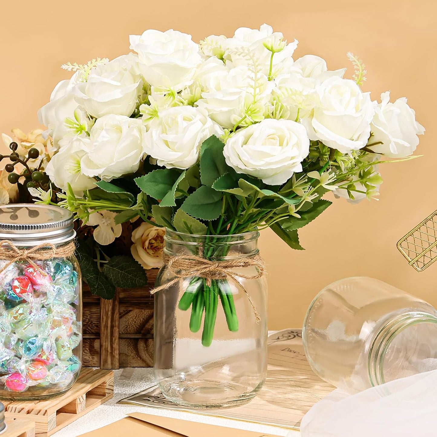 6 Set Centerpiece Table Decorations Mason Jar Table Centerpiece with Flower Mason Jar Wedding Centerpieces Vases Decor for Reception Engagement Party Bridal Shower (White Rose)