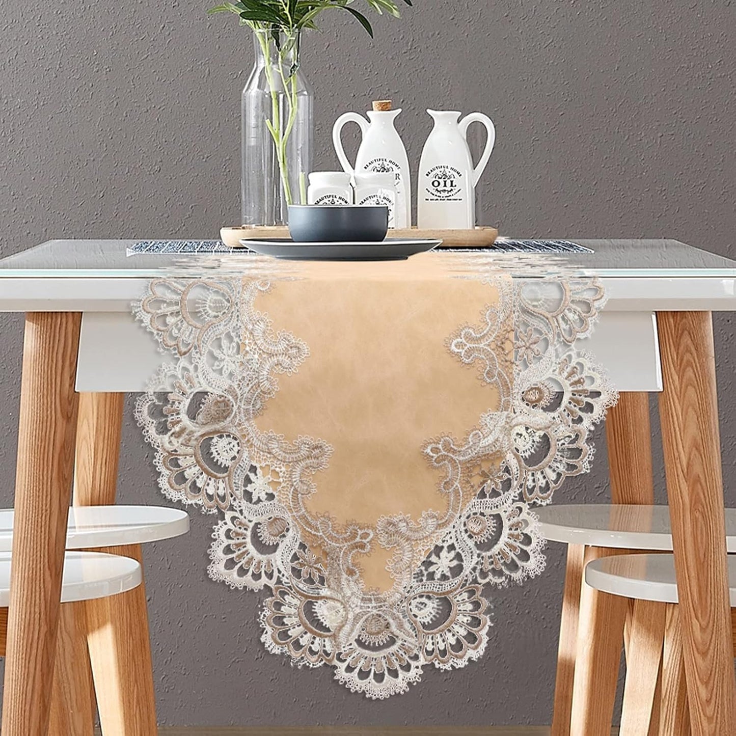 Vintage Lace Dining Table Runner, Small Macrame Coffee Table Runners 48 inches Long for Kitchen Home Christmas Party Decorations (16x48 inch, Beige)