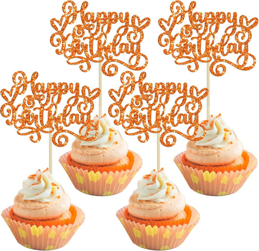 Gyufise 24Pcs Happy Birthday Cupcake Toppers Glitter Happy Birthday Cupcake Picks for Celebrating Happy Birthday Anniversary Theme Party Cake Decorations Supplies Orange