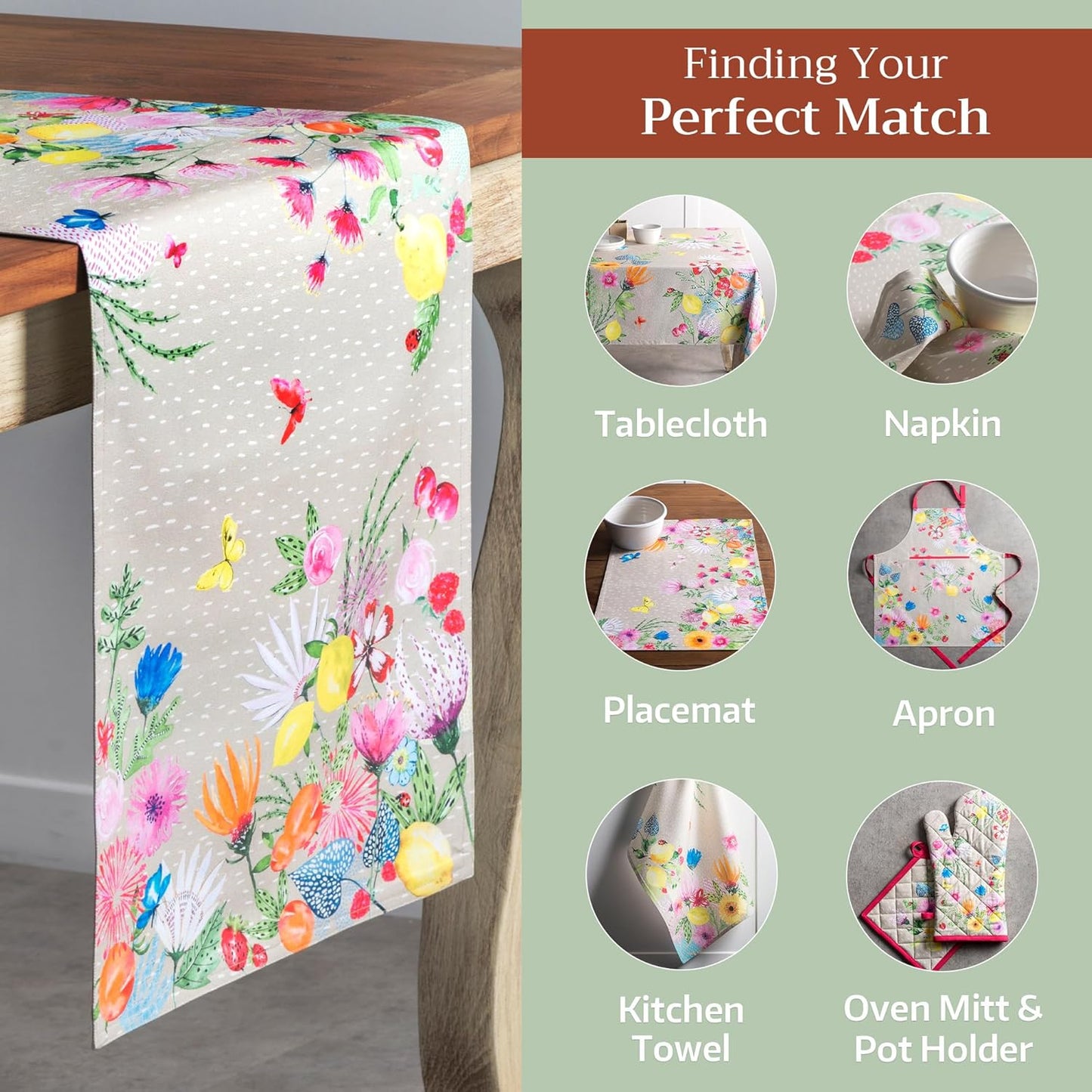 Maison d' Hermine Table Runner 100% Cotton Double Layer Table Runners 72 inches Long Decorative for Home Kitchen Dining Party Wedding Bridal Shower Spring Summer (Jardin D'Ete - Fog, 14.50" x 72")