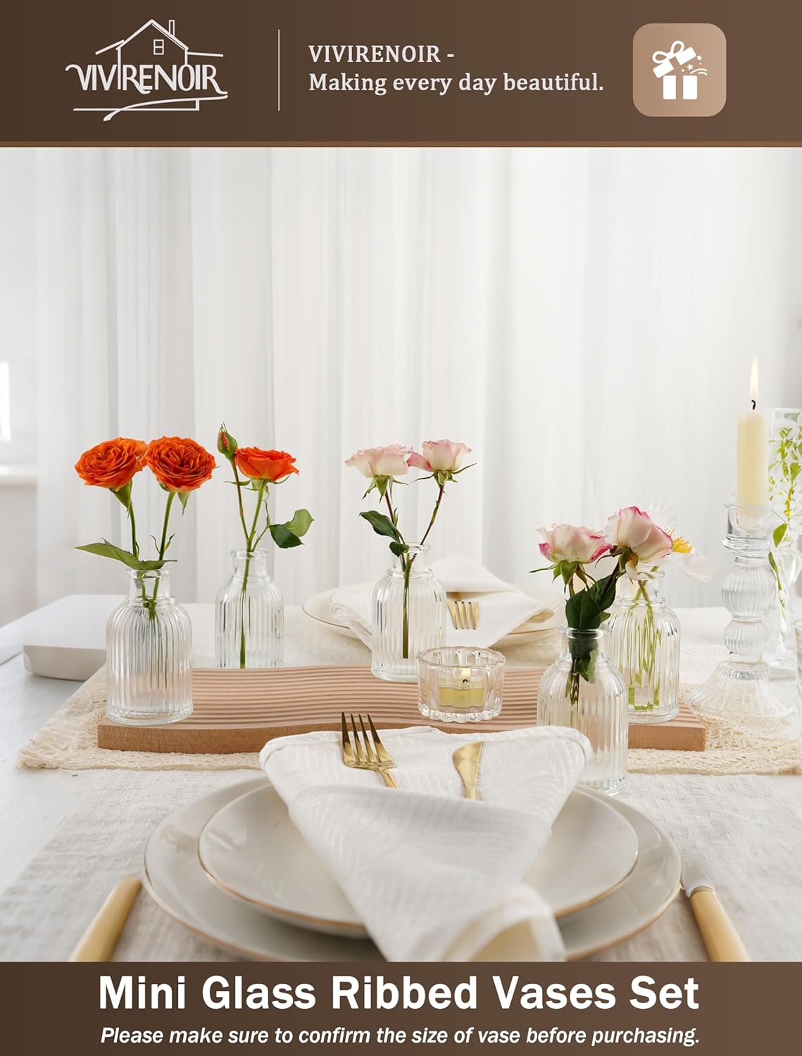 Glass Bud Vases Set of 24, Small Flower Vase in Bulk, Clear Mini Ribbed VaseS for Centerpieces, Modern Wedding Reception Table Decorations