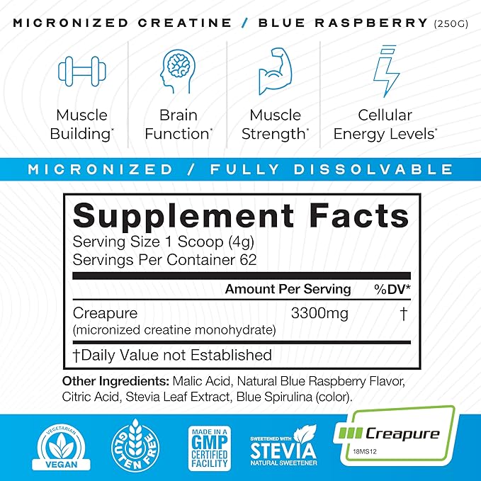 Muscle Feast Creapure - Micronized Creatine Monohydrate Powder | Premium Pre-Workout or Post-Workout | Creatine for Women & Men | Easy to Mix, Gluten-Free, Safe and Pure, (Blue Raspberry, 250g)