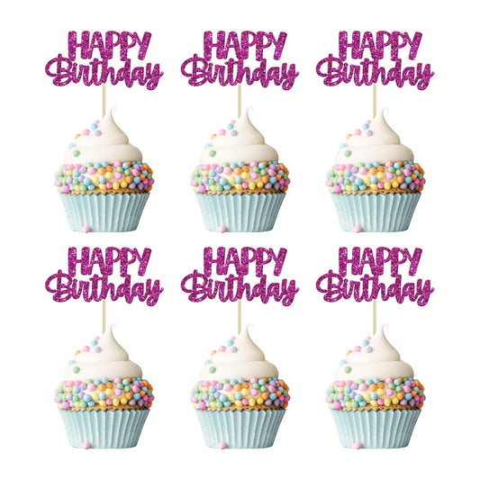 Gyufise 24Pcs Happy Birthday Cupcake Toppers Glitter Birthday Cupcake Food Picks for Celebrating Purple Theme Party Cake Decorations Supplies Purple