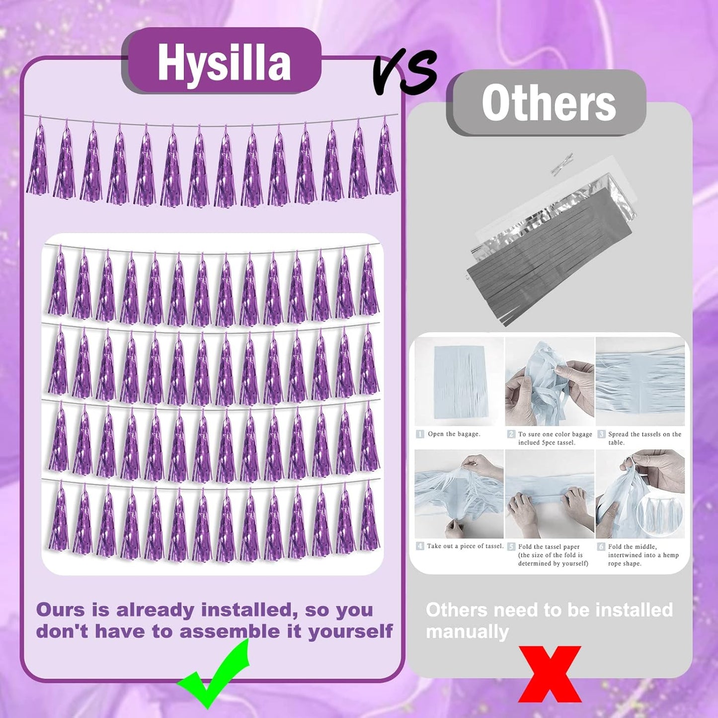 6P Light Purple Foil Fringe Metallic Tassel Streamers Banner Tassel Garland for Parade Floats, Bachelorette, Wedding, Birthday, Graduation, Christmas, Bridal/Baby Shower Party Decorations