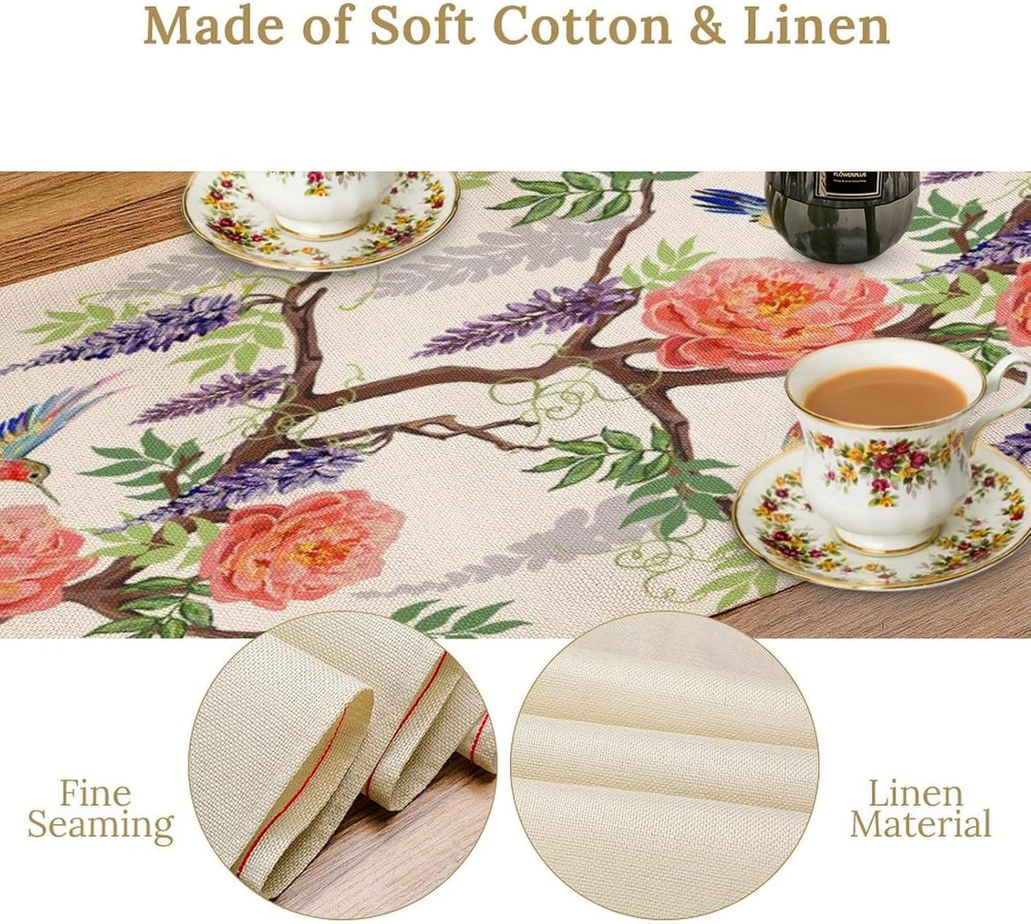 Vintage Bird Flower Table Runner Seasonal Spring Purple Wisteria Garden Plants Lavender Pink Florals Farmhouse Country Kitchen Dinner Runner Dining Table Decoration for Home Party Holiday 13"x36"