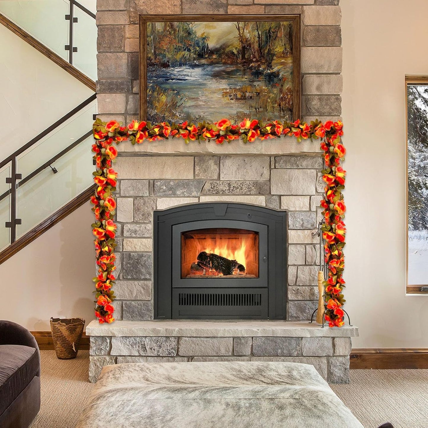 16Pcs 126Ft Orange Rose Garland, Fake Rose Hanging Flowers, Artificial Flower Vine, Hanging Floral Vine Garland for Wedding, Birthday Party, Wall Arch, Halloween, Christmas Garden Backdrop Decor