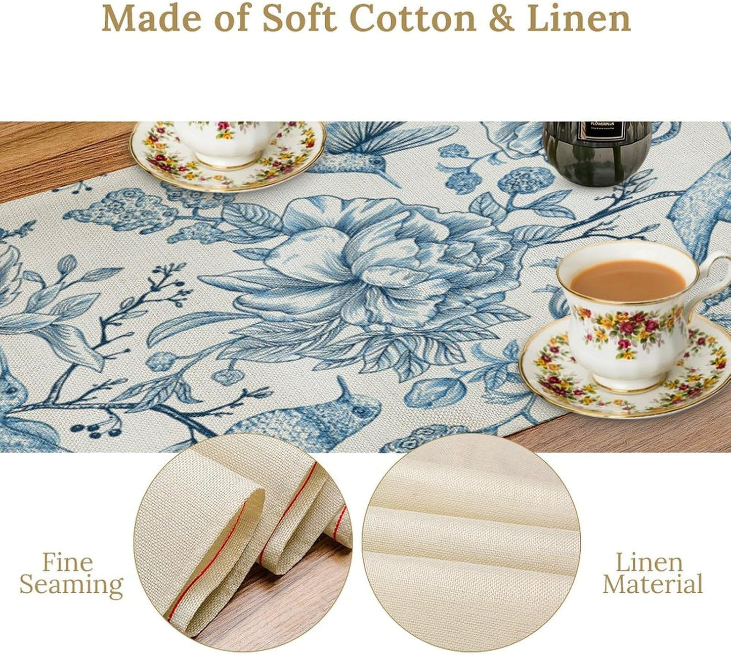 Blue White Table Runner Retro Monochrome Sketch Birds Flower Vintage Floral Kitchen Dining Table Decoration for Home Party Holiday 13"x60"