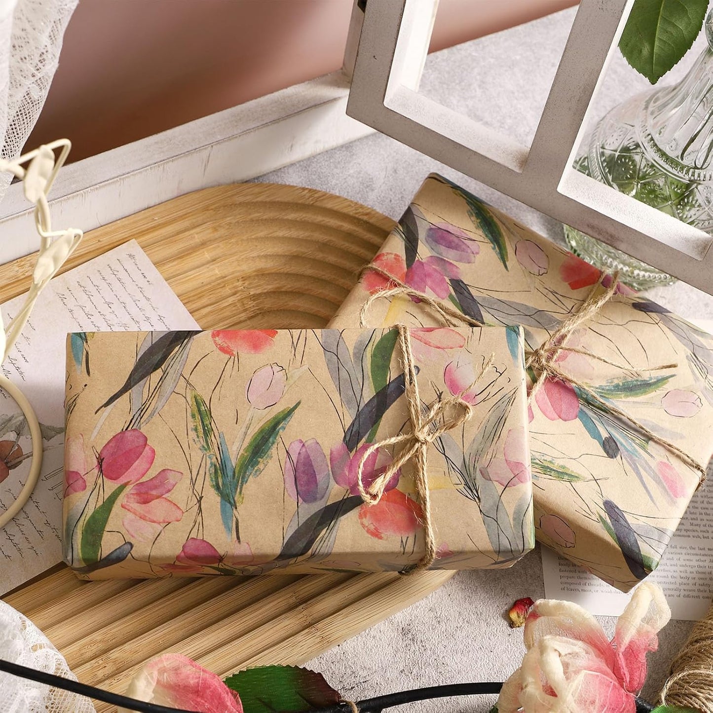 RUSPEPA Flower Wrapping Paper Roll, 17 in x 16.4 ft, Mini Roll, Tulips Watercolor Gift Wrap, Floral Kraft Wrapping Paper for Women, Girls, Spring, Summer, Wedding and Mother's Day