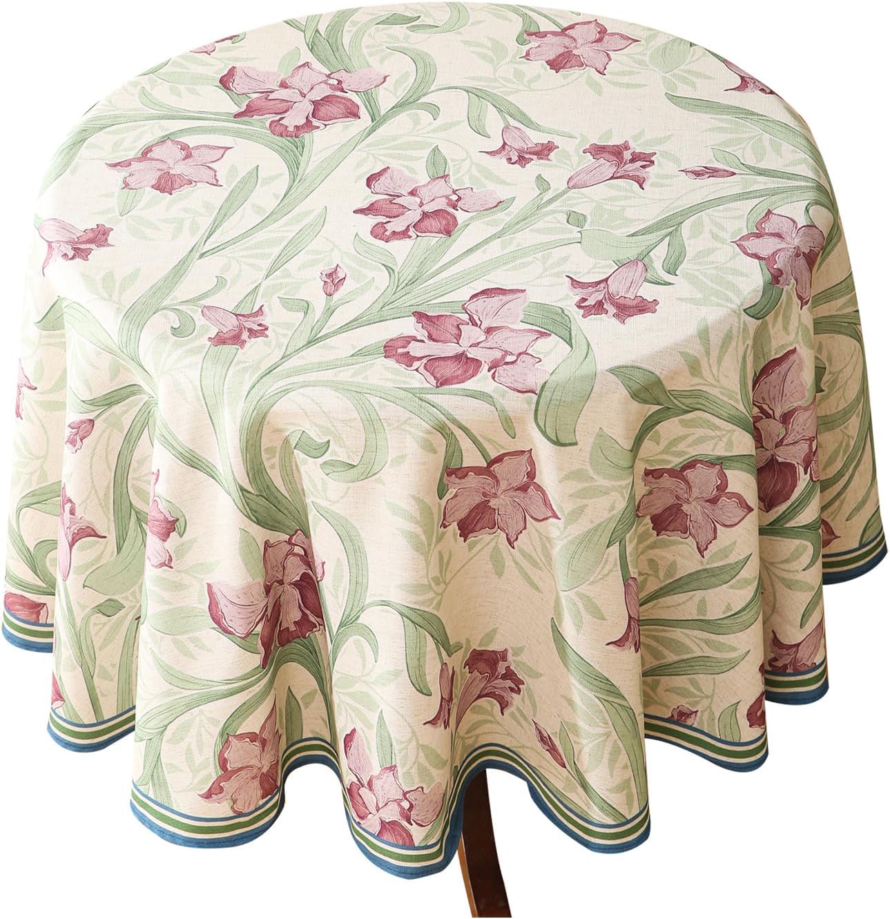 patdrea Designer Vintage Green Tablecloth for Round Table,Framhouse Linen Violets Pattern Tablecloths,Floral Table Cover Decor for Kitchen Dining Christmas,Thanksgiving,Diameter 67"-Tara a