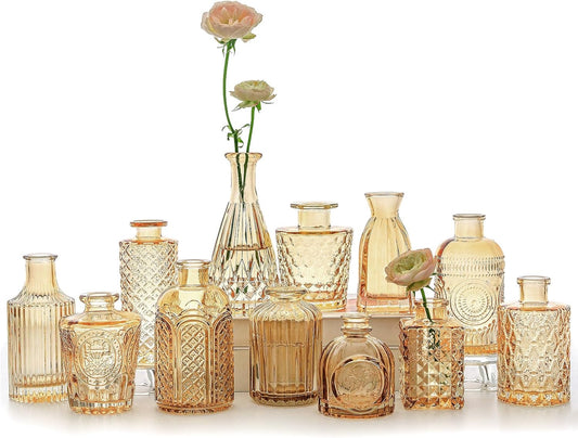 12pcs Glass Bud Vase Set, Small Gold Amber Flower Vases for Centerpieces in Bulk, Mini Vintage Vase for Wedding, Home,Table Decoration