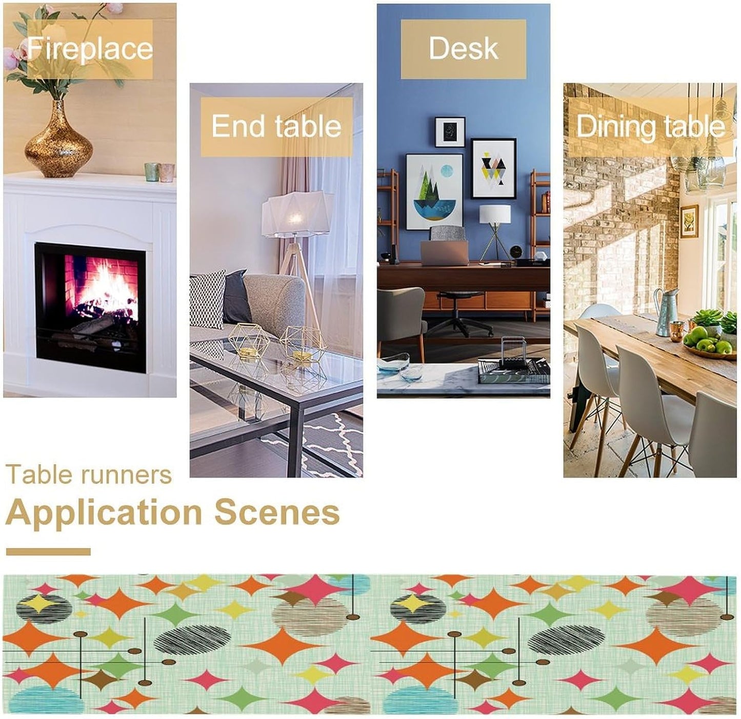 Mid Century Table Runner,Abstract Retro Modern Geometric Colorful Stripe Pattern Print Tablecloth Burlap for Hotel Indoors Outdoor Dining Room Kitchen Holiday Party, 13x90in